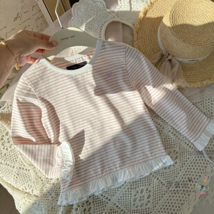 *韩国*女童春秋上衣 纯棉柔软舒适百搭条纹圆领宽松花边长袖T恤衫