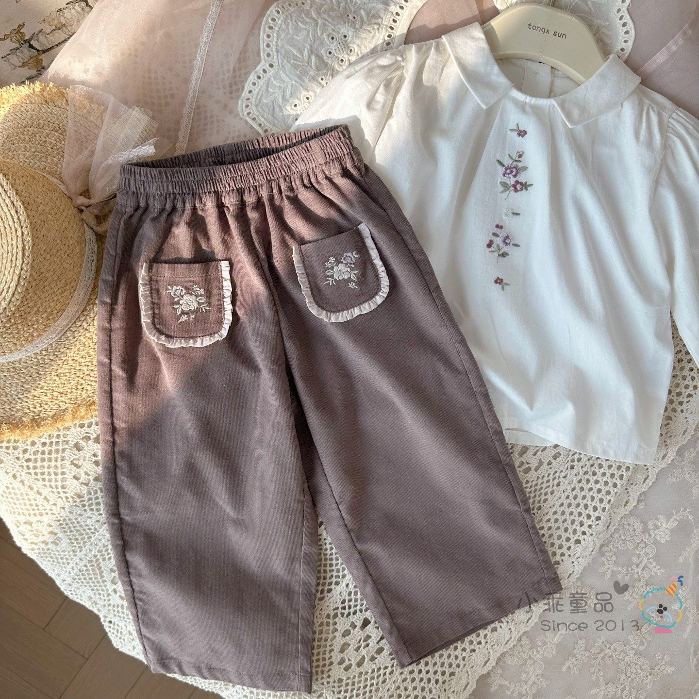 韩国森系！女童春秋裤子 纯棉灯芯绒舒适百搭刺绣阔腿裤 直筒裤,童装/婴儿装/亲子装,裤子,淘宝优惠券,粉丝福利购,淘宝优惠卷