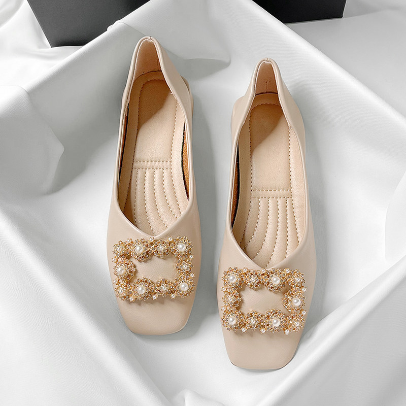 繁系丶水钻方扣平底鞋女春款软底舒适浅口瓢鞋配裙子单鞋温柔风