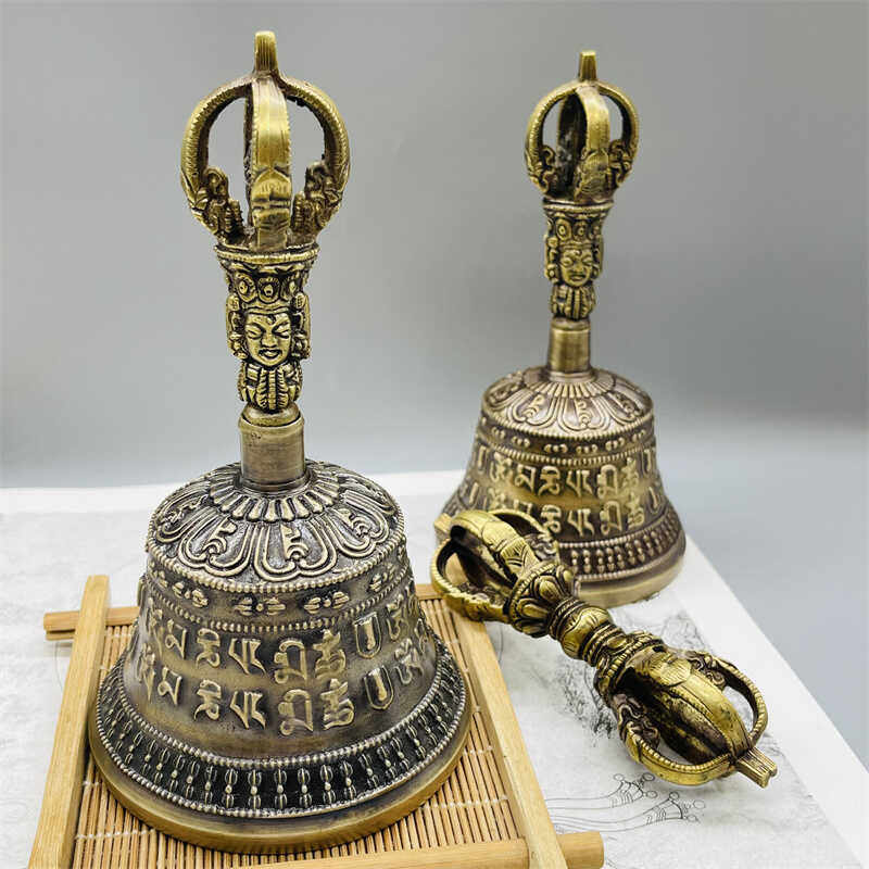 尼泊尔手工金刚铃杵法器藏传六字真言铃铛摇铃唤醒铃摆件声音清脆