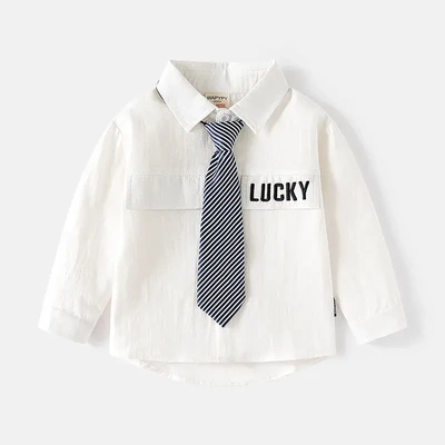儿童白色衬衣2025新款春秋童装男童长袖衬衫宝宝领带礼服衬衣