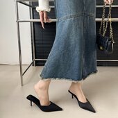 2025年新款 女 包头半拖气质单鞋 尖头浅口高跟鞋 小细跟黑色绸缎法式