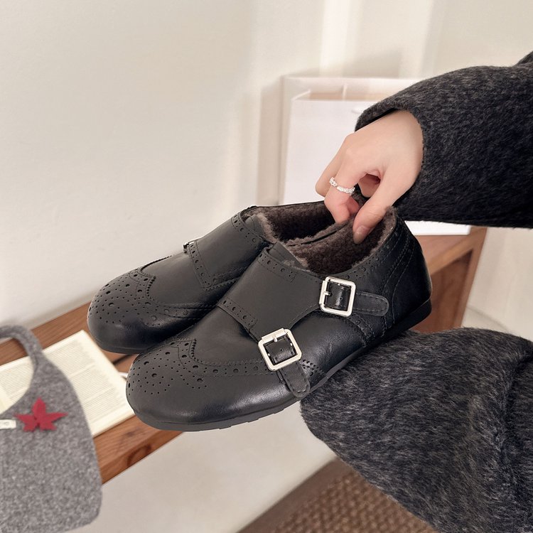 英伦风复古雕花加绒乐福鞋女棉鞋