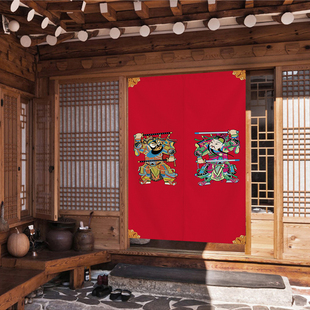 中式门神门帘家用入户门布艺遮挡帘中国风大门半帘免打孔粘贴对联