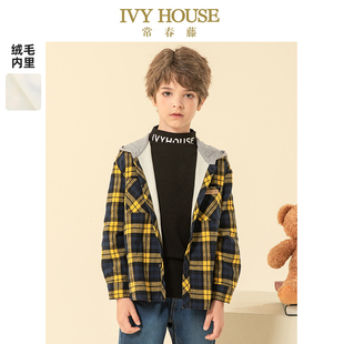 HOUSE常春藤童装 式 男童冬季 连帽格子外套夹绒衬衫 衬衣 新款 IVY