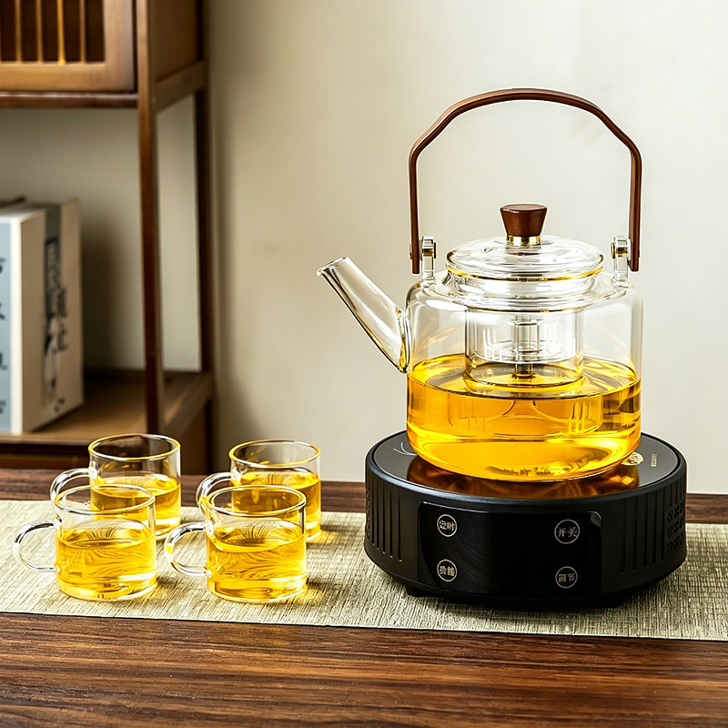 茶具套装 电陶炉 提梁壶 品杯4个 蒸煮茶漏 胡桃木顶珠