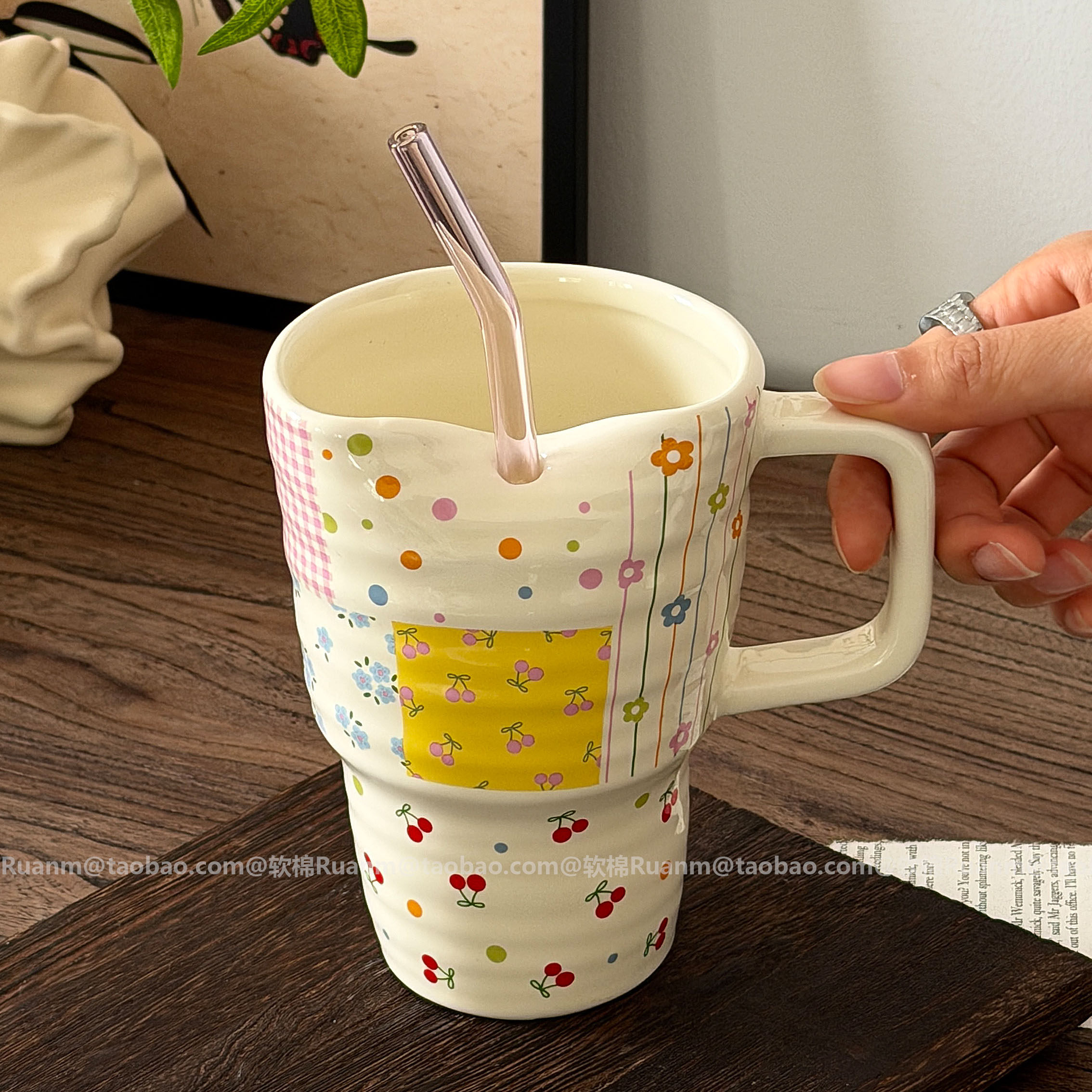 法式手作樱桃陶瓷大容量马克杯