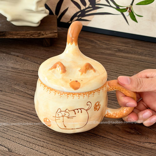 复古手作焦黄猫咪陶瓷带盖马克杯