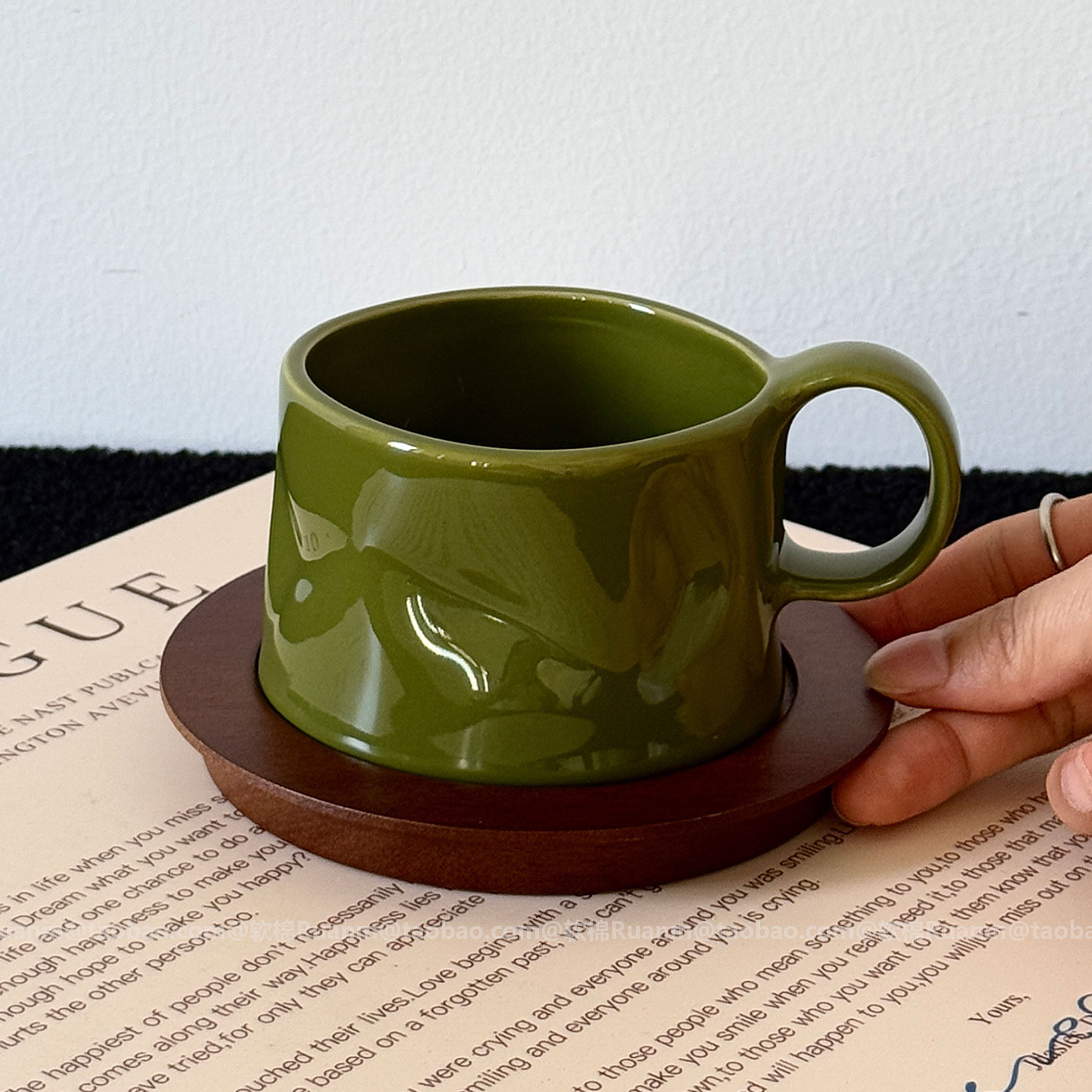 限定复古绿不规则手捏咖啡杯碟套装拉花拿铁杯下午茶喝水杯子礼物