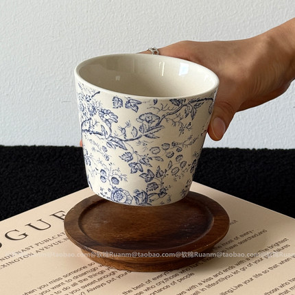 复古中式青花藤蔓陶瓷手握杯手冲咖啡杯水杯宽口拉花杯拿铁杯礼物