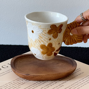 复古手作釉下彩浮雕秋月季陶瓷马克杯大容量水杯咖啡杯子小众礼物