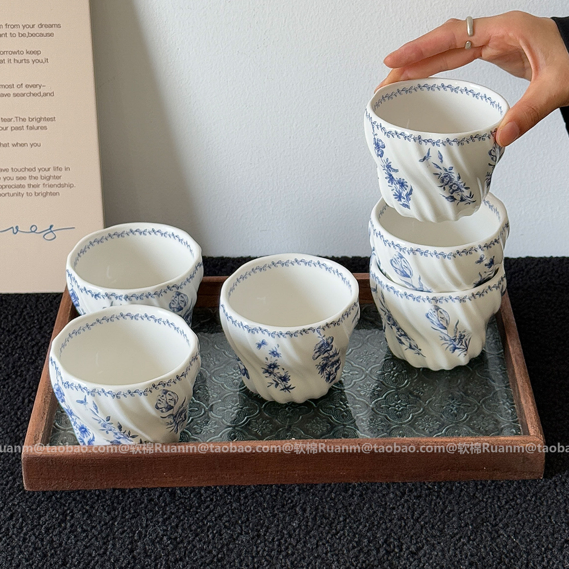 中式复古青花蓝客厅待客陶瓷杯具套装中古蓝白碎花手握杯咖啡杯子