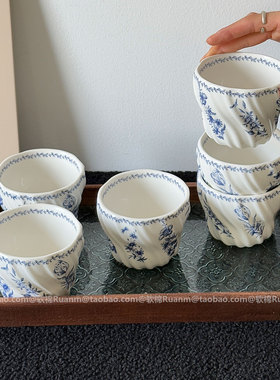 中式复古青花蓝客厅待客陶瓷杯具套装中古蓝白碎花手握杯咖啡杯子