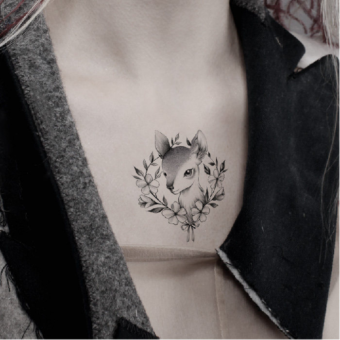 小鹿头纹身贴防水可爱动物小清新少女持久脚踝手腕手绘小花麋鹿