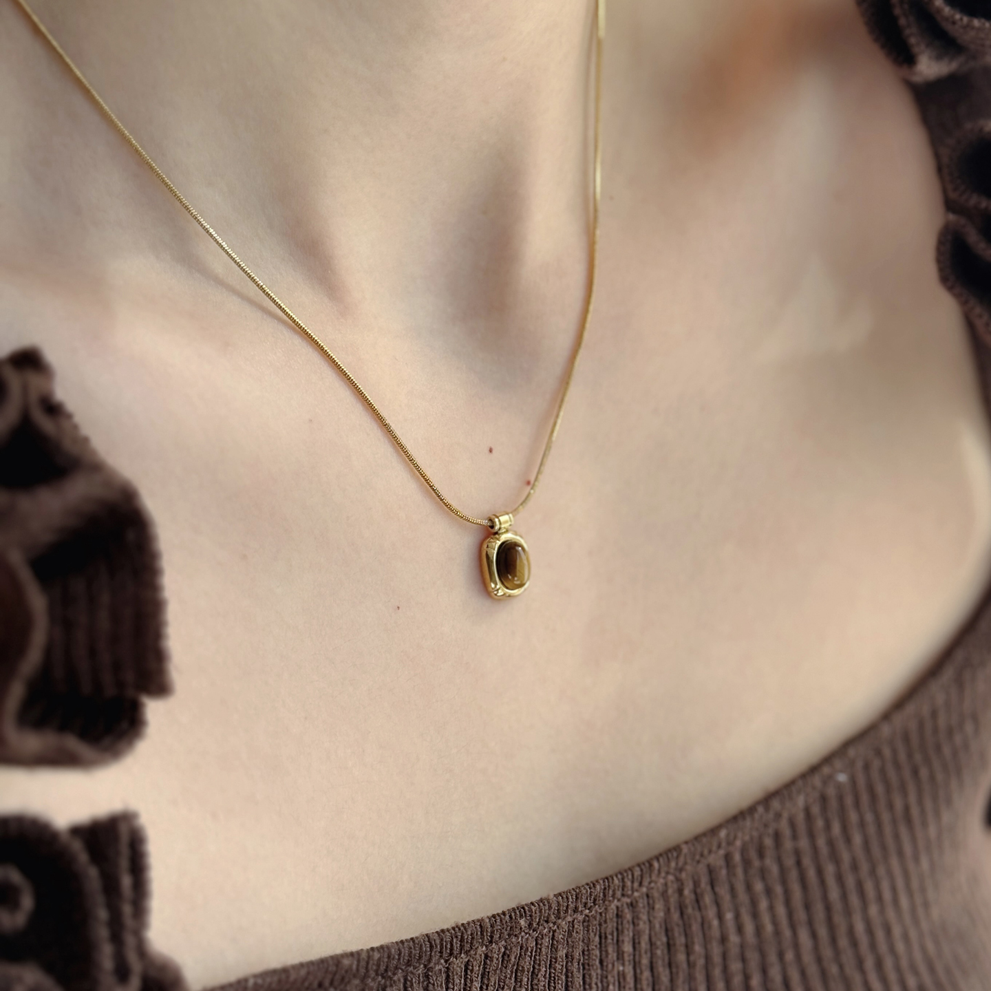 中古美拉德虎眼石钛钢金色毛衣链