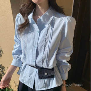 甜茶韩系26早春新SUSAN甜美学院风花边领打条工艺衬衫部分色现货