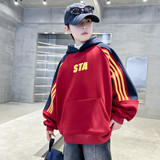 男童冬季装拼色卫衣加绒加厚儿童插肩袖上衣一体绒青少年红色年服，童装卫衣/绒衫，摩比熊