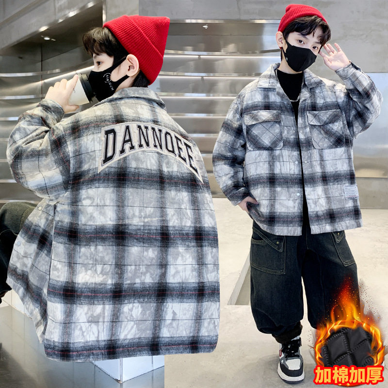 男童秋冬夹棉格子衬衣外套大童新款校服内搭男孩保暖上衣，童装外套，摩比熊