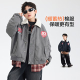 男大童冬季美式羊羔毛翻领派克工装棉服新款儿童运动加厚外套，童装外套，摩比熊