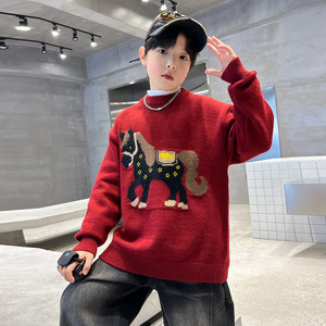 男童毛衣秋冬款新款中大儿童男孩冬季红色本命马年打底衫上衣，童装毛衣，摩比熊