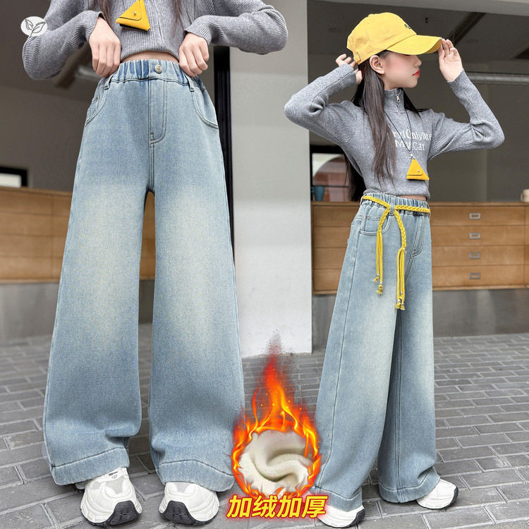 女童冬季新款后袋刺绣结加绒牛仔裤送腰带女孩保暖直筒裤，童装裤子，摩比熊