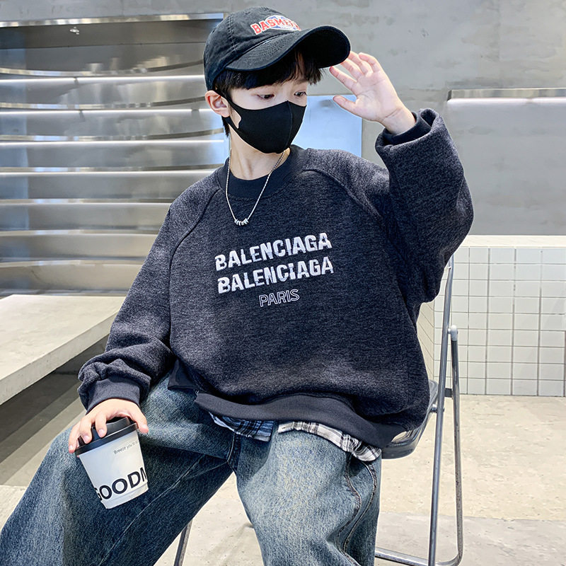 男童加绒卫衣新款儿童冬季一体绒打底衫中大童冬装加厚潮，童装卫衣/绒衫，摩比熊