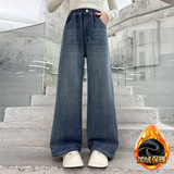 女童加绒牛仔裤秋冬款新款中大童秋季直筒裤子宽松儿童秋装潮，童装裤子，摩比熊