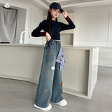 女童加绒牛仔裤年秋冬新款中大童彩色星星阔腿裤玩偶直筒长裤，童装裤子，摩比熊