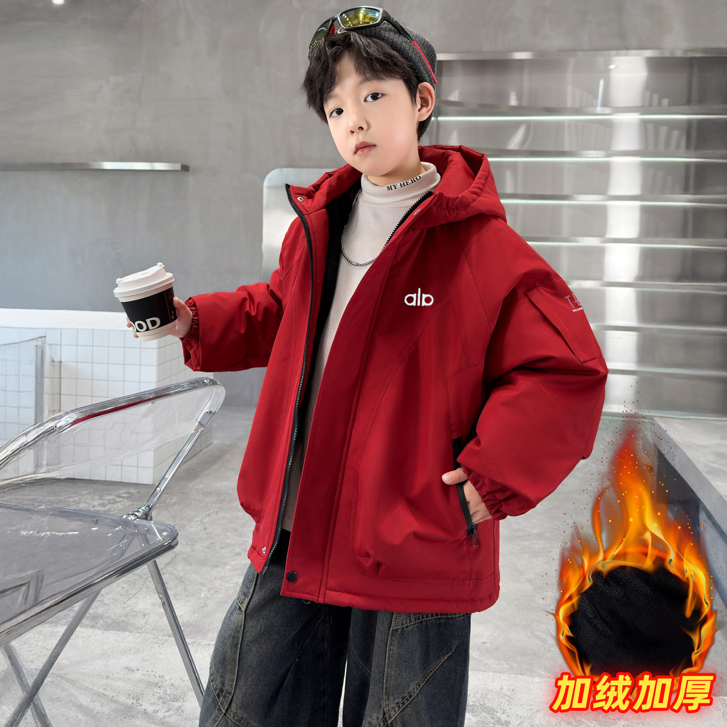 童装男童冬装加绒连帽派克棉服大童新款冬季加厚保暖棉袄，童装棉衣，摩比熊