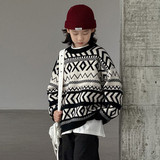 复古套头毛衣男童冬季新款宽松慵懒风高级设计感加厚针织上衣，童装毛衣，摩比熊