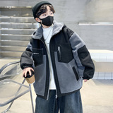 男童冬装夹棉拼接牛仔毛毛衣外套冬季新款儿童连帽加厚上衣潮，童装棉衣，摩比熊