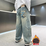 男童牛仔裤秋冬加绒工装裤子新款儿童休闲裤中大童秋冬季长裤，童装裤子，摩比熊