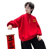 男童拜年服新款儿童蛇年本命年红色加绒加厚卫衣冬季新年衣服，童装卫衣/绒衫，摩比熊
