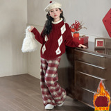 女童冬季洋气时髦红色开衫毛衣套装女大童拜年服儿童秋冬加绒裤子，童装毛衣，摩比熊