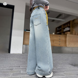 女童冬季新款后袋刺绣结加绒牛仔裤送腰带女孩保暖直筒裤，童装裤子，摩比熊