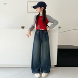 女童年冬季新款工艺侧边卡线加绒牛仔裤女大童加厚直筒阔腿裤，童装裤子，摩比熊