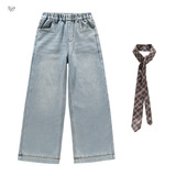 女童牛仔裤年秋冬加绒新款格纹腰带阔腿裤中大童休闲直筒长裤，童装裤子，摩比熊