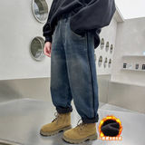 男童一体加绒加厚牛仔裤子秋冬款新款冬季大儿童冬装男孩休闲，童装裤子，摩比熊