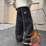 男童加绒裤子新款秋冬款男孩冬季加厚大儿童一体绒运动裤，童装裤子，摩比熊