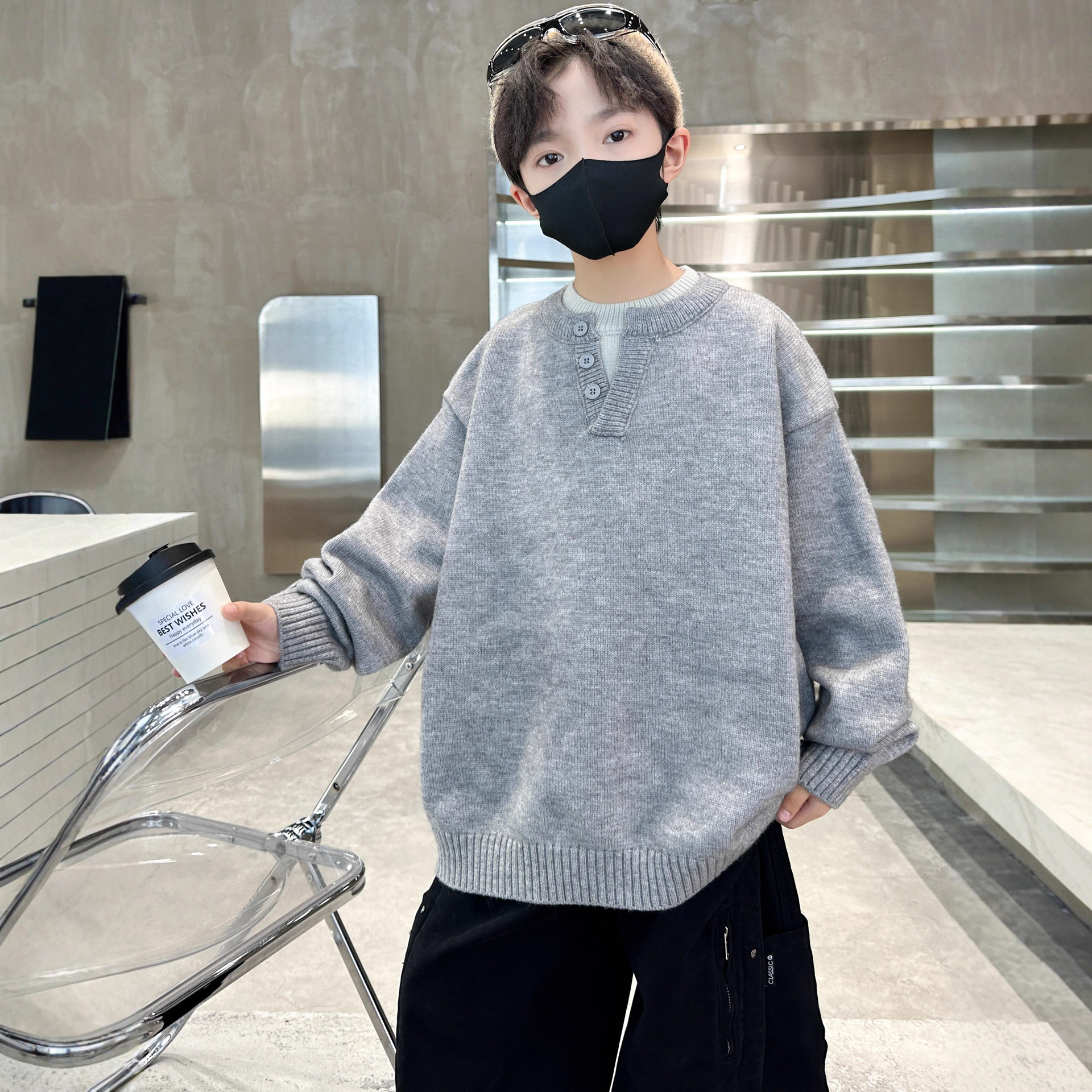 男童秋冬款毛衣新款中大童冬装男孩冬季韩版儿童假两件毛线衣，童装毛衣，摩比熊