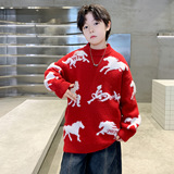 男童秋冬款毛衣加厚新款中大童冬装儿童冬季红色毛线打底上衣，童装毛衣，摩比熊