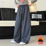 女童格子休闲弯刀裤秋冬新款加绒阔腿裤中大童保暖运动裤，童装裤子，摩比熊