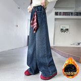 女童加绒裤子冬季女大童韩版超好看阔腿裤女孩初中生加厚牛仔裤潮，童装裤子，摩比熊