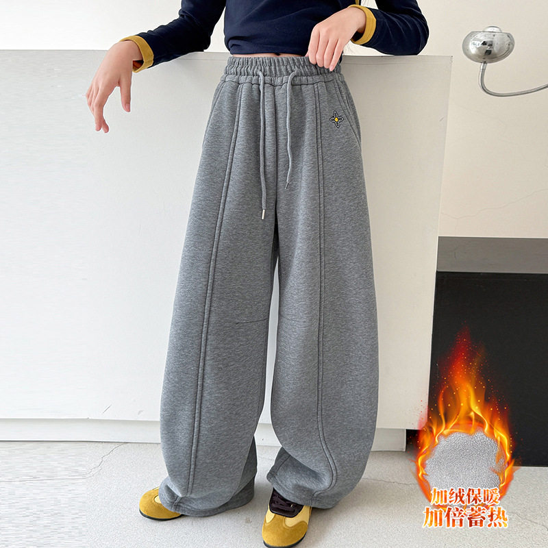 女童加绒裤子秋冬装新款儿童冬季加厚一体绒阔腿裤女大童，童装裤子，摩比熊