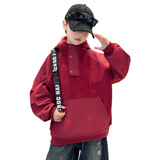 儿童装男童冬季加绒红色卫衣新款中大童款男孩加厚上衣潮，童装卫衣/绒衫，摩比熊