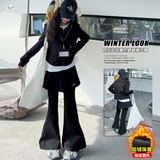 女童秋冬加绒套装年新款中大童休闲半拉链卫衣喇叭长裤两件套，童装休闲套装，摩比熊