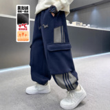 男童加绒裤子新款秋冬款一体绒男孩加厚运动大儿童冬季工装裤，童装裤子，摩比熊