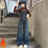 女童秋冬加绒牛仔裤新款百搭阔腿裤中大童纯色直筒裤长裤冬装，童装裤子，摩比熊