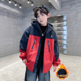 男童冬装夹棉冲锋衣外套新款中大童秋冬款男孩冬季加厚风衣潮，童装外套，摩比熊