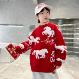 男童冬季加厚红色毛衣新款中大童儿童本命新年马年秋冬拜年服，童装毛衣，摩比熊